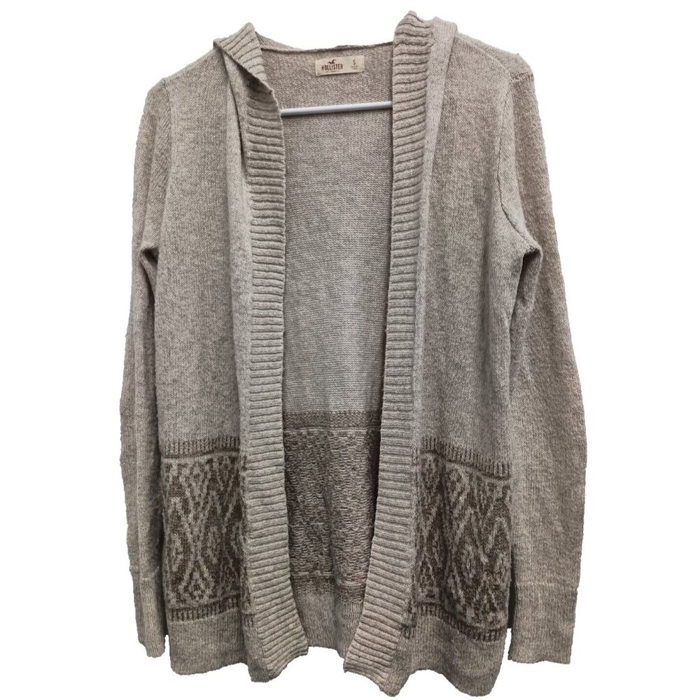 Hollister Womens BOHO Tribal Cardigan Small Oatmeal Aztec Open Hooded Casual